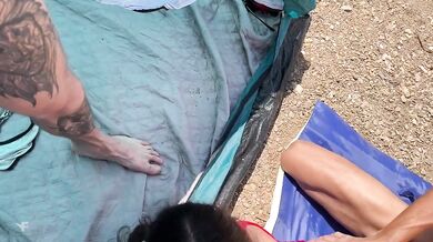A husband and two strangers fuck a slutty slut hard in a tent and cum in her mouth.