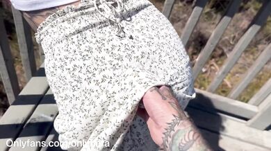 Tattooed couple fuck on public hiking trail