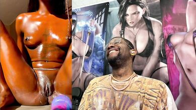 Cute Oiled Up Petite Tits Tight Bald Ass Ebony Pussy Girl Riding A Tentacle Dildo