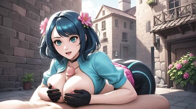 Cute Pigtails Blue Pink Hair POV Sloppy Blowjob Big Tits Courtyard Fuck