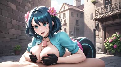 Cute Pigtails Blue Pink Hair POV Sloppy Blowjob Big Tits Courtyard Fuck