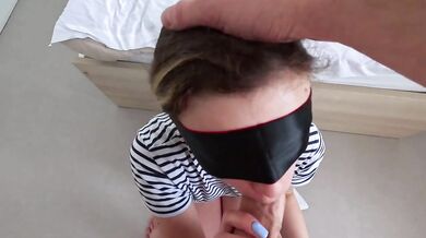 Chokes but smiles, cum in mouth for cute little stepsister
