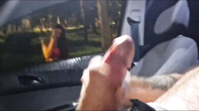 I stopped my car on the street, the hot redhead kept staring at my erection!