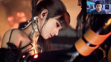 Asian girl slaying monsters with her breasts exposed