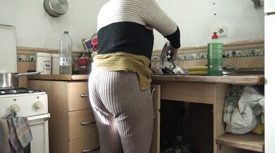stepmom lets her horny stepson cum on her pussy in the kitchen