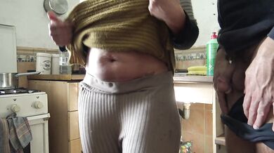 stepmom lets her horny stepson cum on her pussy in the kitchen