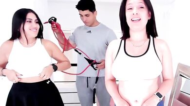Stepmom fucked the muscle gym trainner with stepdaughter