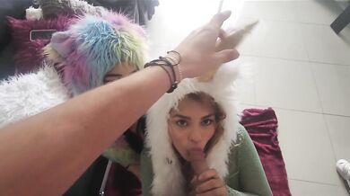 Lucky Gringo gets his dick sucked by 2 cosplay girls