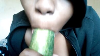 This is how you eat your veggies (Prettylilebony cries while deepthroating cucumber like she'd suck daddy's dick)