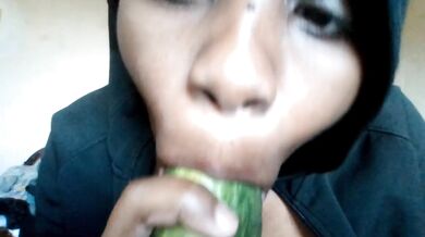 This is how you eat your veggies (Prettylilebony cries while deepthroating cucumber like she'd suck daddy's dick)