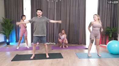Two satisfied clients at fitness. Sex trainer.