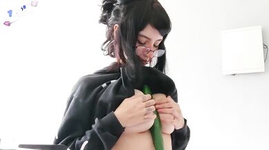 Sitting and blowjob a delicious cucumber