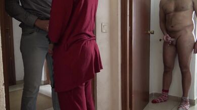 Horny cuckold wife sucks of 18 year old delivery boy while husband is watching