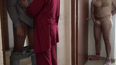 Horny cuckold wife sucks of 18 year old delivery boy while husband is watching