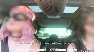 With my girlfriend and I meet three men to get fucked in the car