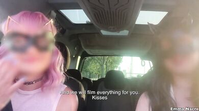 With my girlfriend and I meet three men to get fucked in the car
