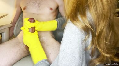 Babe Jerks me off in rubber gloves at my Home Office Desk
