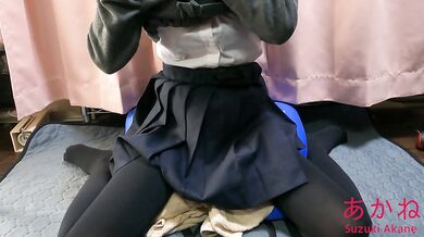 High school girl masturbating in the cowgirl position while wearing fishnet tights