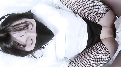 Asian girl in uniform fucked by sex toy, doggy style makes her white juice flow