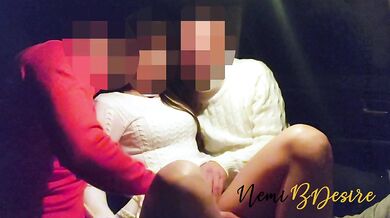 Slutty girlfriend sucks three cocks met in the club in the car