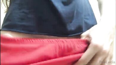Horny blonde lowers her shorts, opens her pink pussy and shows herself peeing so hot #Pissing