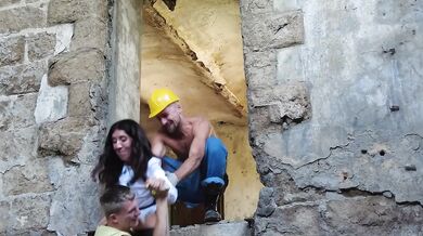 The construction site supervisor was fucked hard by the builders - her mouth and pussy were filled with sperm