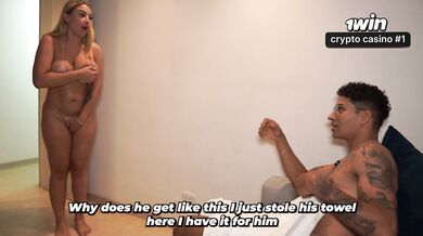 Big-breasted blonde stepmother comes out of the bathroom shivering after a prank by her stepson