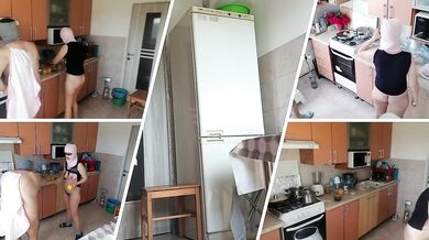 Amateur couple cooks naked in the kitchen.