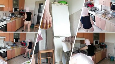 Amateur couple cooks naked in the kitchen.