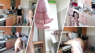 Amateur couple cooks naked in the kitchen.