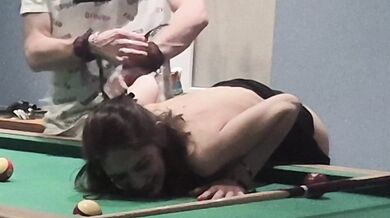 Fuck me! I fuck that slutty waitress on the pool table