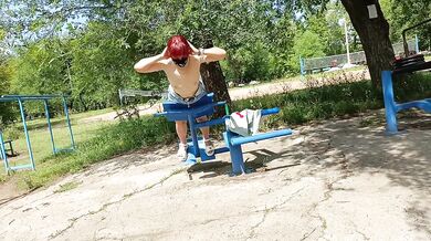 Risky workout in a public park: tiny skirt and no panties