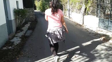 Horny brunette suck my dick in the street, risky outdoors