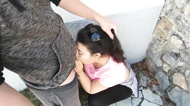 Horny brunette suck my dick in the street, risky outdoors