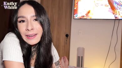 Bored Petite Latina Interrupts Gamer BF – Sloppy Blowjob While Playing to Cum in Mouth Finish!