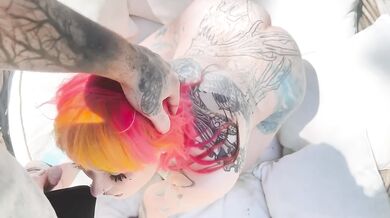 Gothsluts in full makeup sucks cock in garden and swallows huge load