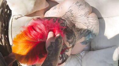 Gothsluts in full makeup sucks cock in garden and swallows huge load