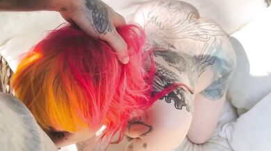Gothsluts in full makeup sucks cock in garden and swallows huge load