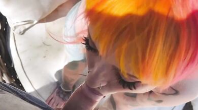 Gothsluts in full makeup sucks cock in garden and swallows huge load