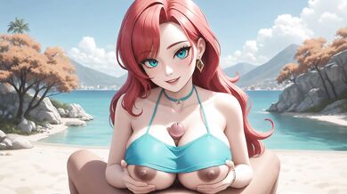 AI Generated - Naughty Orange-Haired Teal Bikini Saliva-Soaked Deepthroat Closeup Domination