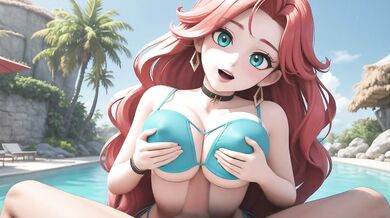 AI Generated - Naughty Orange-Haired Teal Bikini Saliva-Soaked Deepthroat Closeup Domination