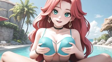 AI Generated - Naughty Orange-Haired Teal Bikini Saliva-Soaked Deepthroat Closeup Domination