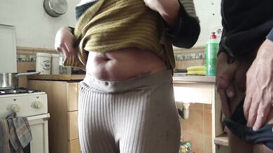 Stepmom is SHOCKED when horny stepson cums on her hairy pussy in the kitchen