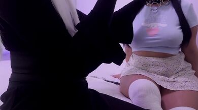 Femboy watches his Goddess play with a big dildo