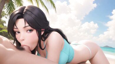 AI Generated - Black Hair Beach Babe POV Sloppy Blowjob Huge Tits Sunset Fuck