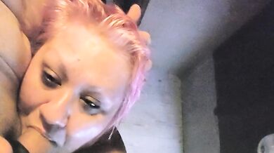 Pink haired BBW sucks my cock