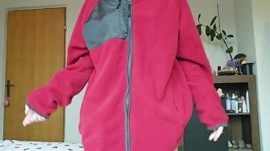 Masturbating in red fleece jacket