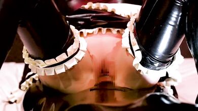 A woman having video sex in latex maid cosplay!