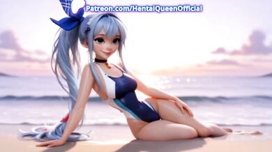 Blue-Haired Catgirl Cosplay Beach Tease – Hentai Anime Neko Bikini Seduction