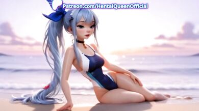 Blue-Haired Catgirl Cosplay Beach Tease – Hentai Anime Neko Bikini Seduction